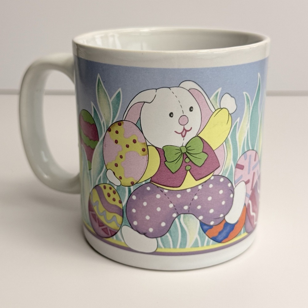 Bunny Rabbits Coffee Cup Easter Eggs Spring Bow Tie Ceramic Colorful Tea Mug Vtg